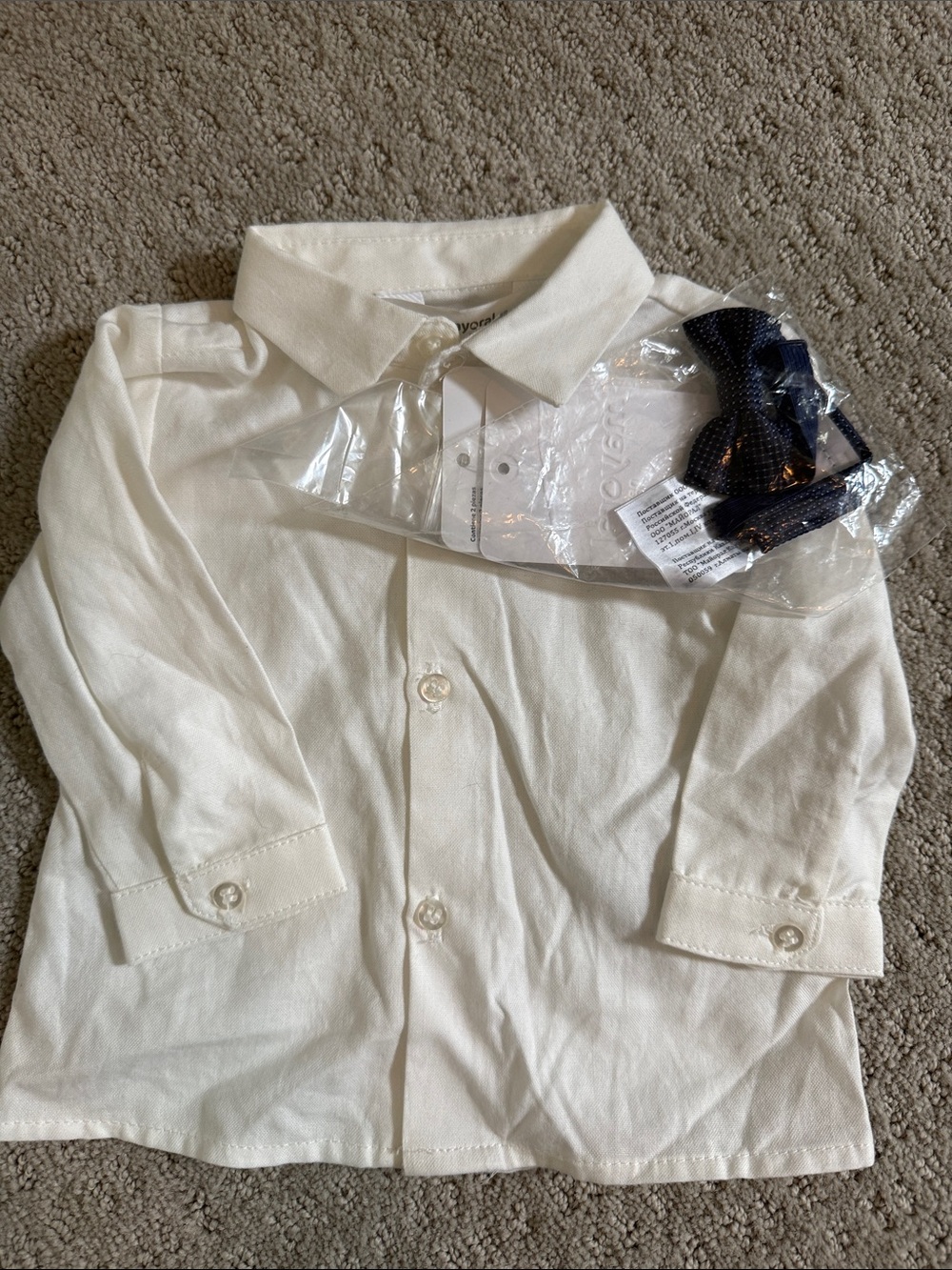 Mayoral Cream Button-Down Shirt with Navy Bow
